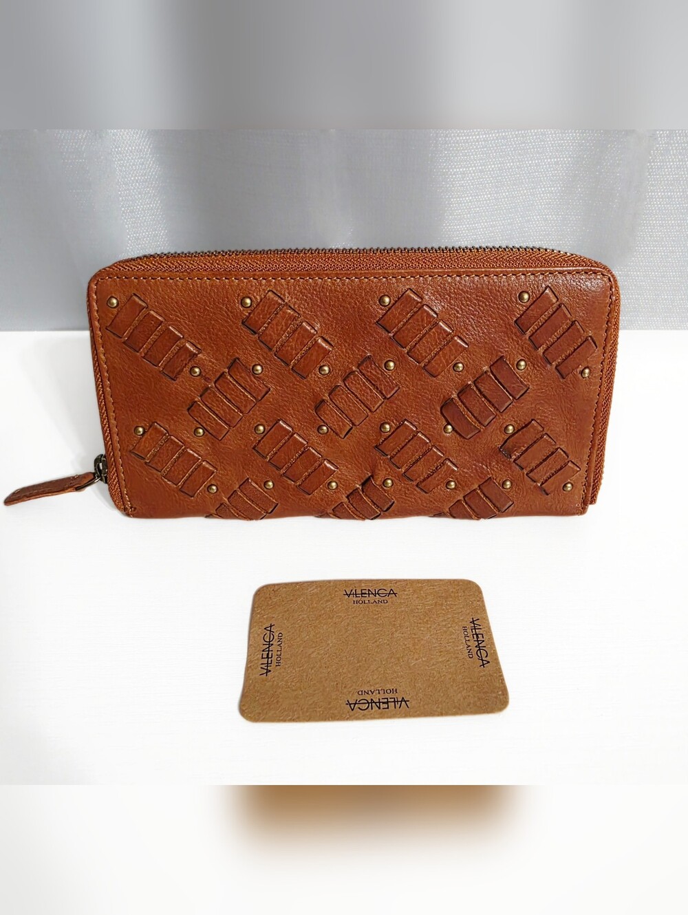 VILENCA Holland Genuine Leather  Studded Large Bifold Zip around Wallet COGNAC
